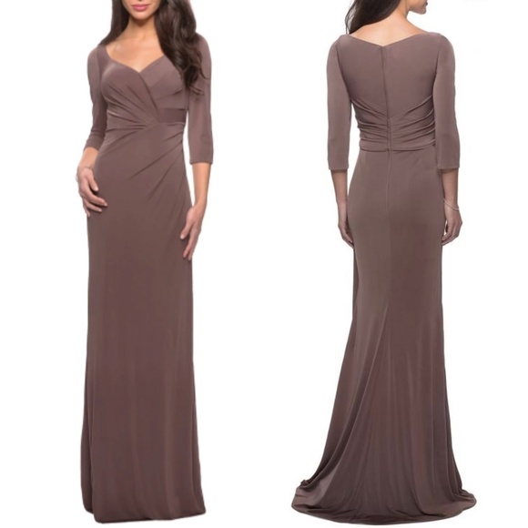 NWT La Femme 26955 Floor Length Jersey Gown in Cocoa Sz. 14